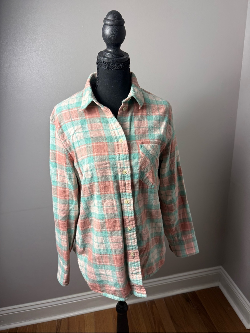 J. Crew Plaid Button-Up Blouse in Mint Green & Peach